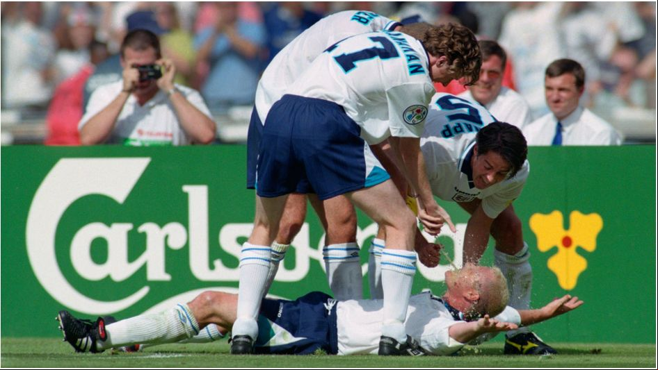 Paul Gascoigne celebrates for England after his goal against Scotland at Euro 96