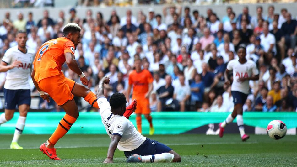 Joelinton scores for Newcastle against Tottenham