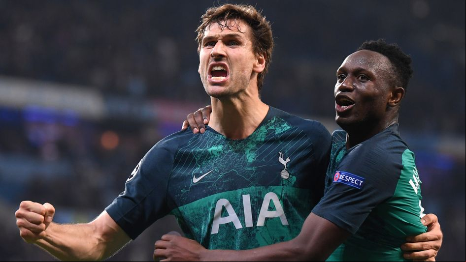 Fernando Llorente of Spurs celebrates with teammate Victor Wanyama