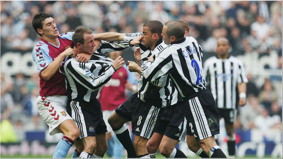 Lee Bowyer fights with team-mate Kieron Dyer at Newcastle