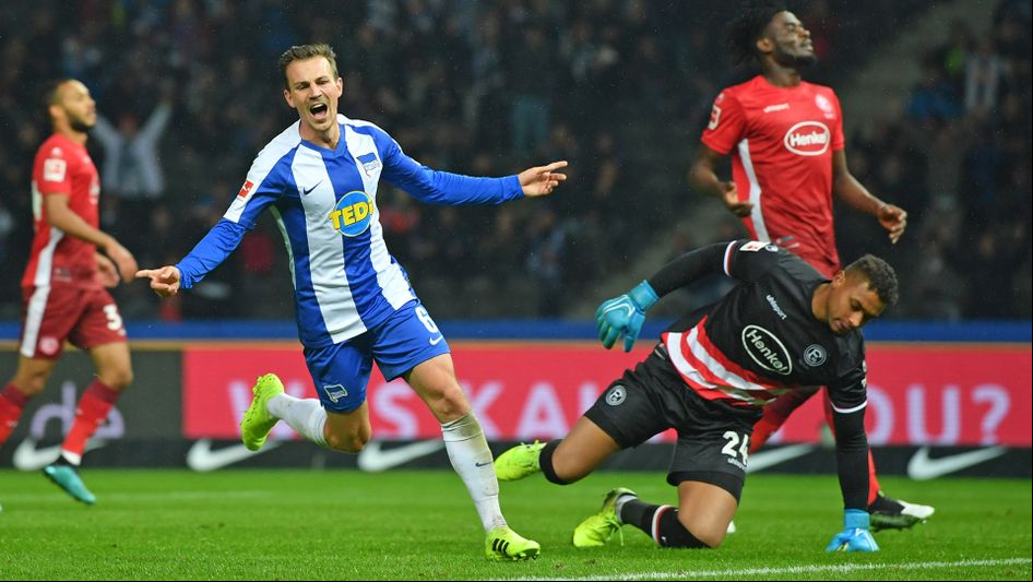 Hertha Berlin celebrate a goal against Fortuna Dusseldorf