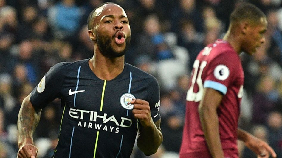 Raheem Sterling celebrates his goal for Manchester City at West Ham