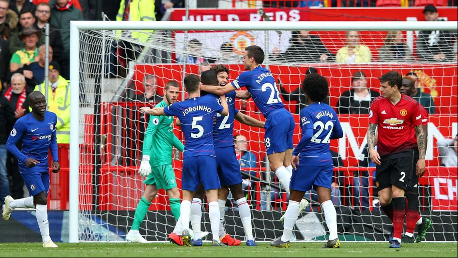 Chelsea celebrate after Marcos Alonso capitalises on David De Gea's blunder