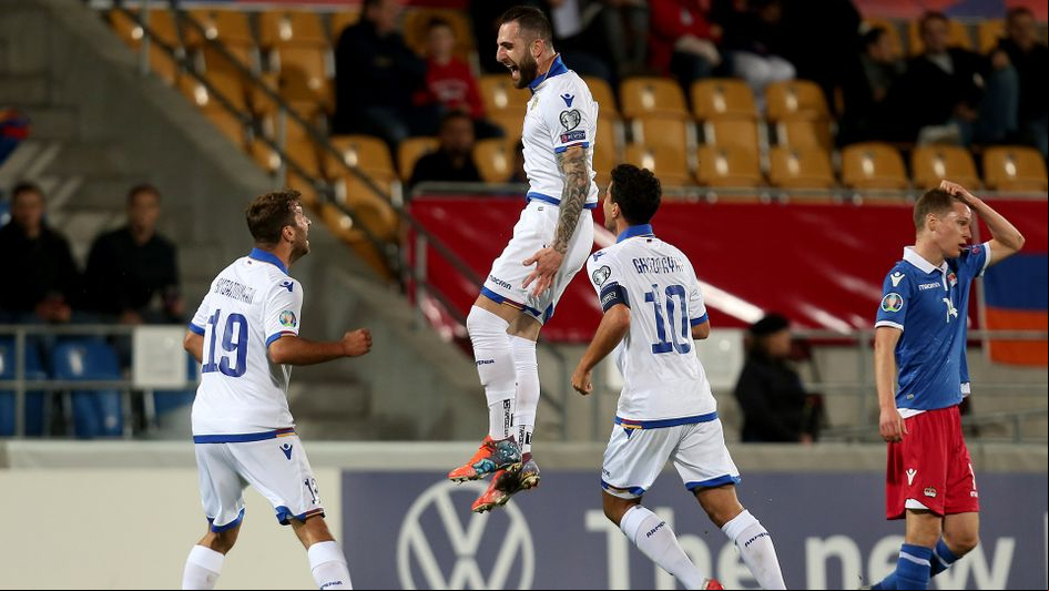 Tigran Barseghyan celebrates his goal against Liechtenstein