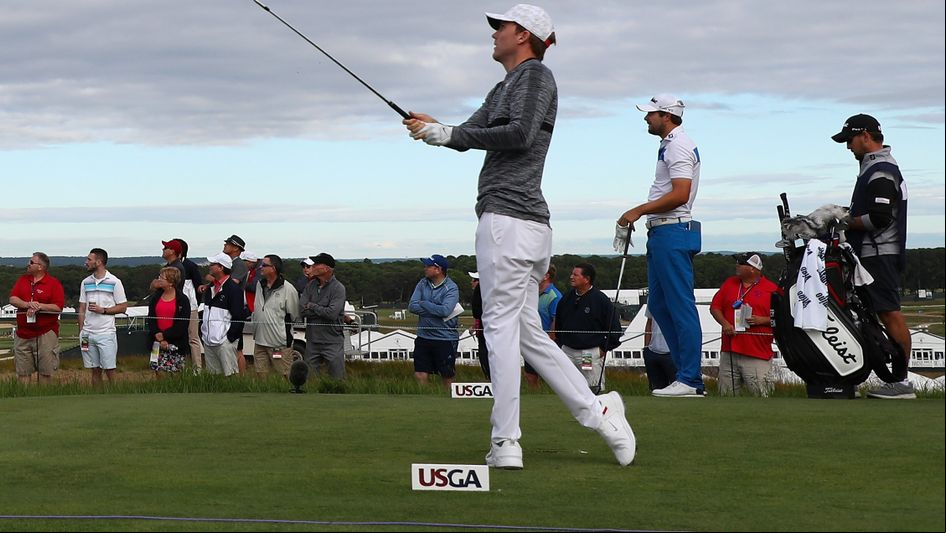 Russell Henley tees off on day two of the US Open