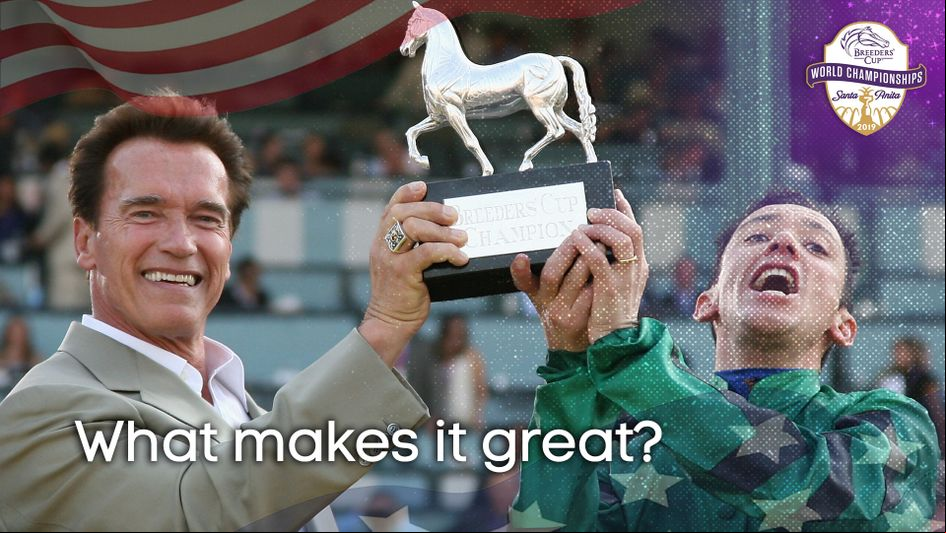 Arnold Schwarzenegger and Frankie Dettori following Raven's 's Classic win