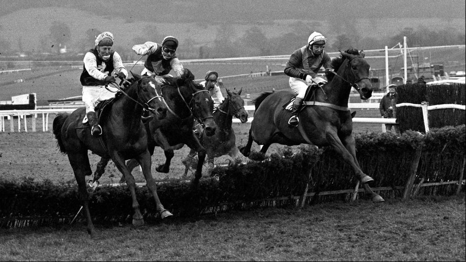 Night Nurse on his way to winning the 1977 Champion Hurdle