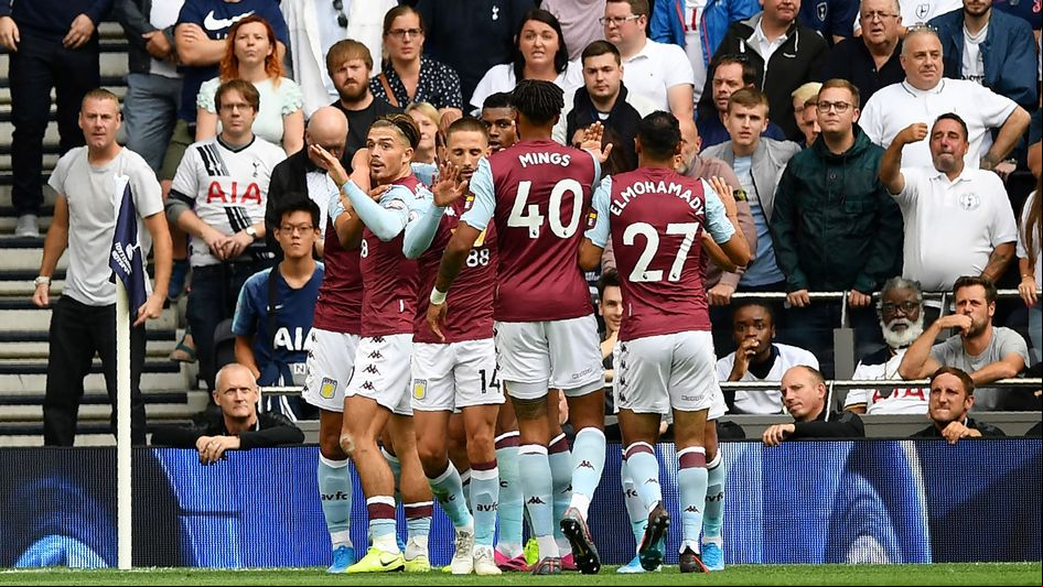 Aston Villa players celebrate John McGinn's goal at Tottenham