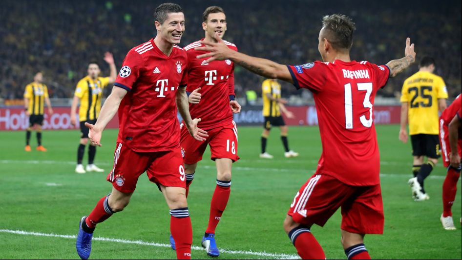 Robert Lewandowski celebrates his goal for Bayern Munich at AEK Athens in the Champions League