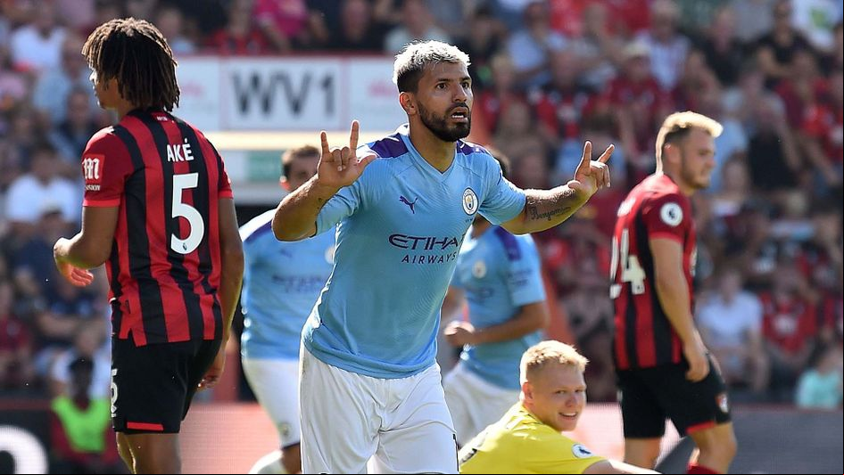 Sergio Aguero celebrates scoring for Manchester City at Bournemouth