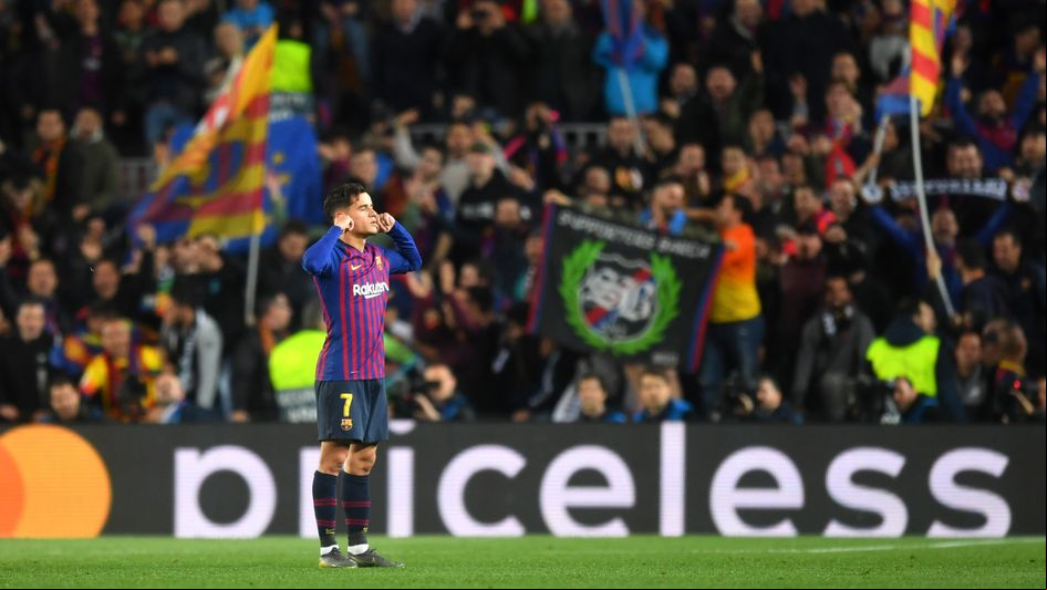 Philippe Coutinho: The Barcelona playmaker celebrates his goal against Manchester United