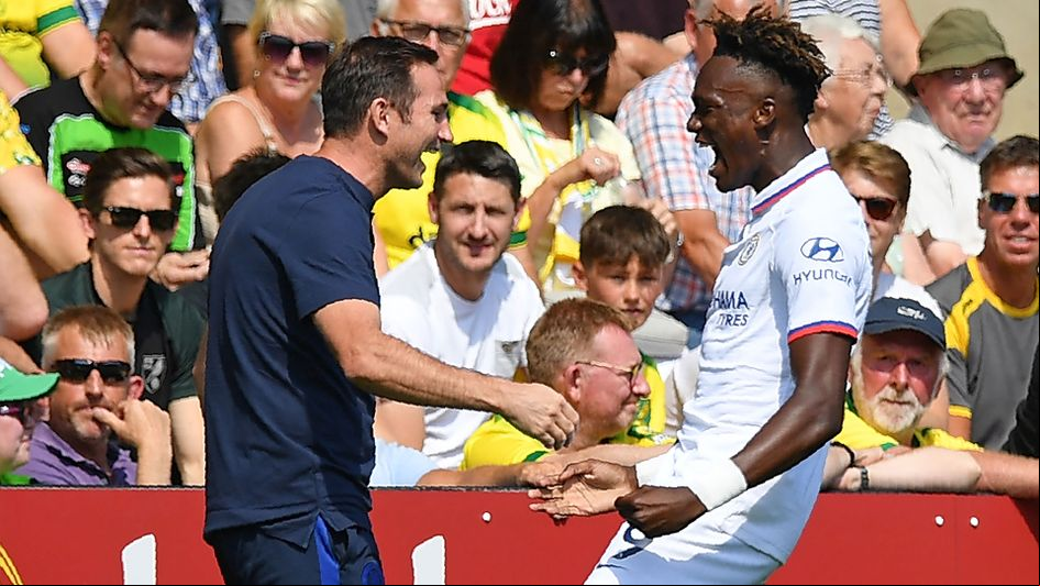 Frank Lampard, left, and Tammy Abraham celebrate the striker's first goal in Chelsea's 3-2 win at Norwich