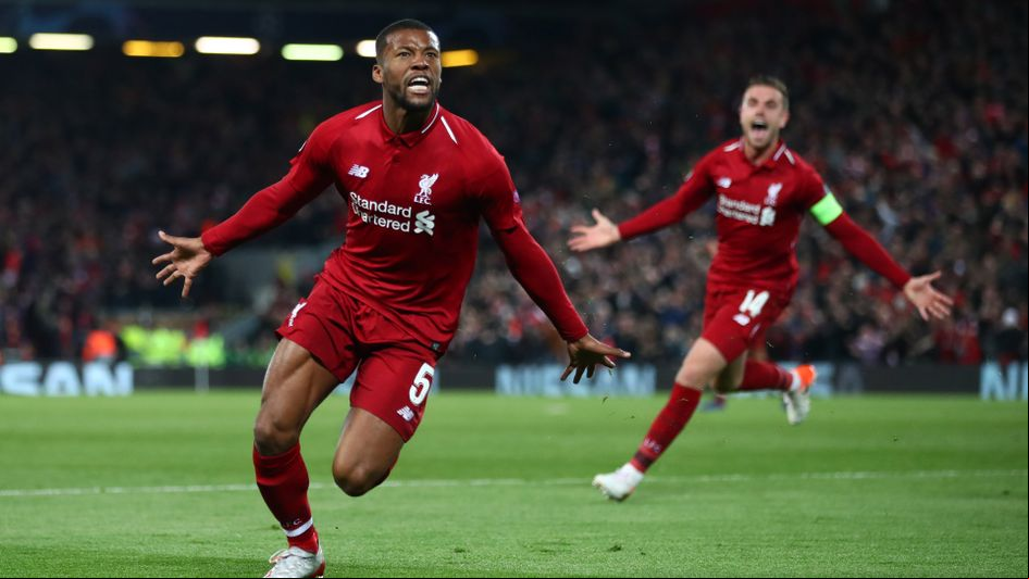 Georginio Wijnaldum: The Dutch midfielder celebrates after scoring his second goal against Barcelona